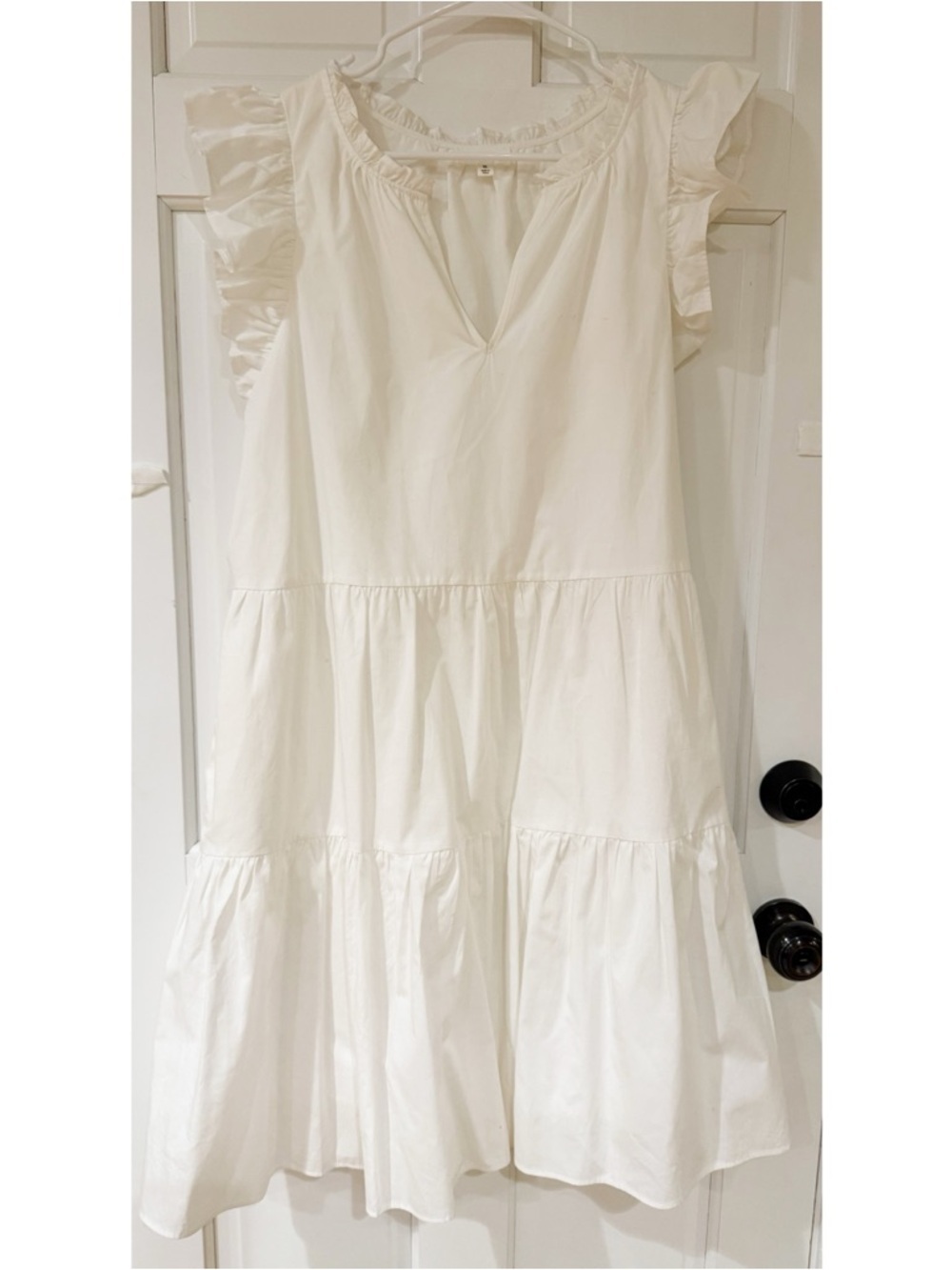 A Loves A Split V-Neck Cap Sleeve Tiered Ruffle Poplin Mini Dress, White XL